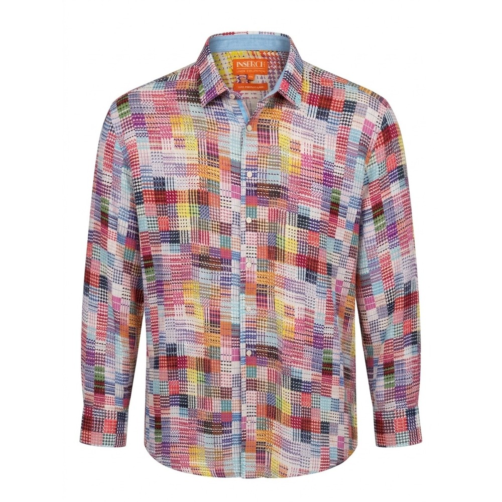 NWT Inserch Linen Collection 5XL Multi Color‎ Patchwork Shirt LS2909 Button Down
